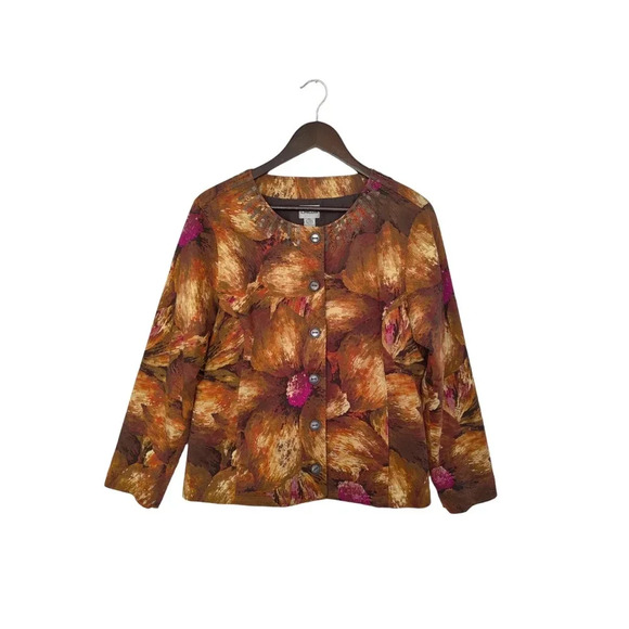 Chico's Abstract Floral Print Studded Earthy Tone Button Up Jacket Blazer L - Picture 2 of 6